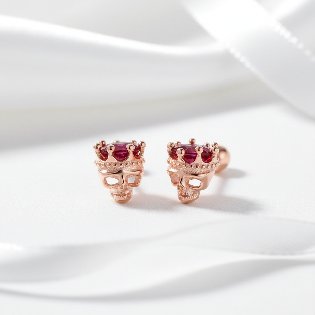 Rose Gold Crowned Skull Head Screw Stud Earrings-Black Diamonds New York