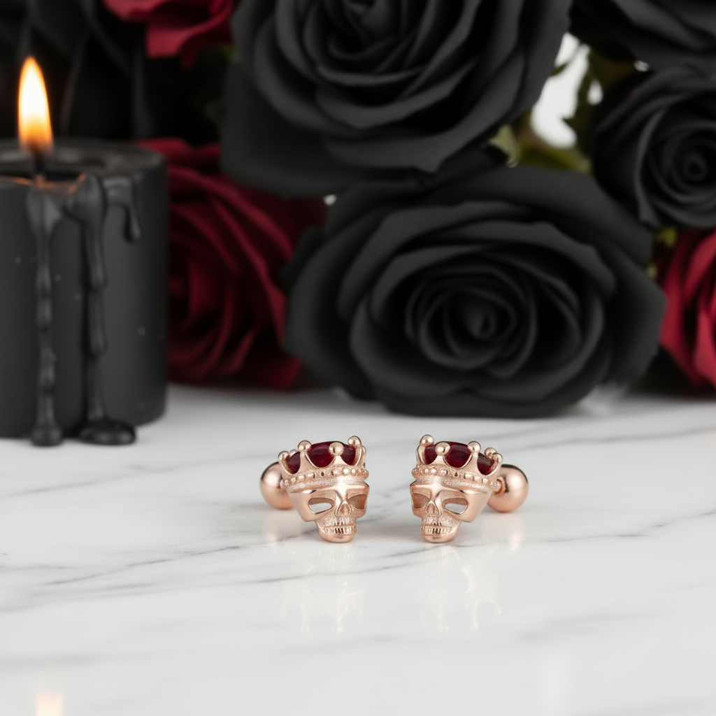Rose Gold Crowned Skull Head Screw Stud Earrings-Black Diamonds New York