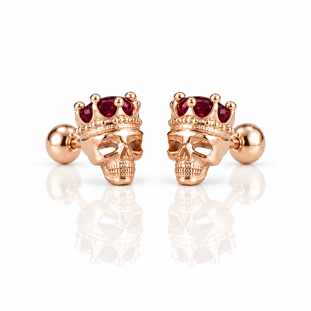Rose Gold Crowned Skull Head Screw Stud Earrings-Black Diamonds New York