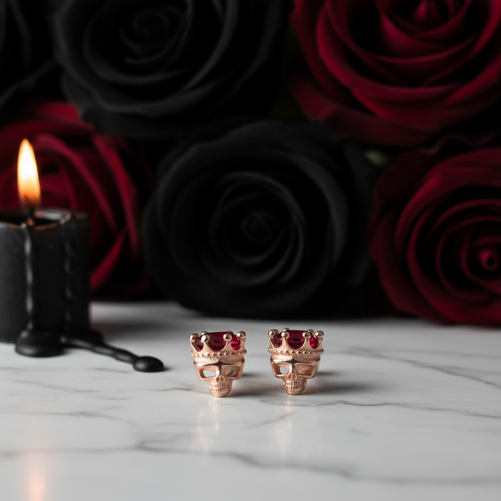 Rose Gold Crowned Skull Head Screw Stud Earrings-Black Diamonds New York