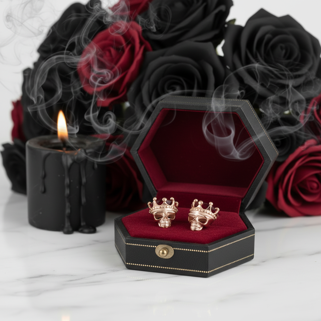 Rose Gold Crowned Skull Head Screw Stud Earrings-Black Diamonds New York