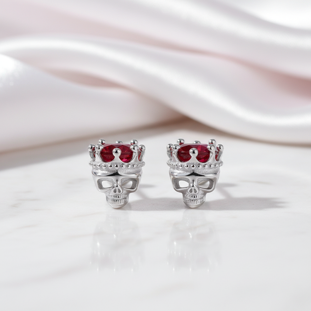Rose Gold Crowned Skull Head Screw Stud Earrings-Black Diamonds New York