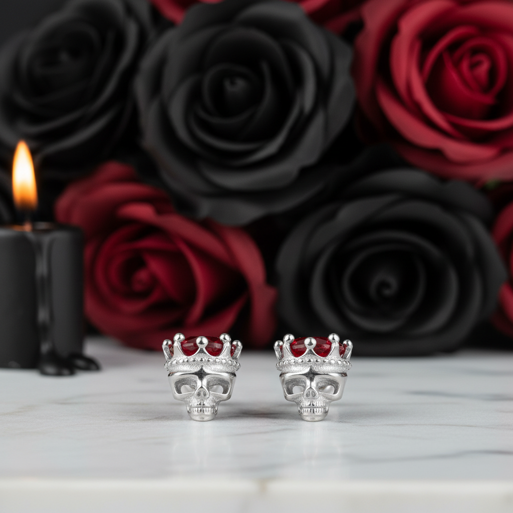 Rose Gold Crowned Skull Head Screw Stud Earrings-Black Diamonds New York