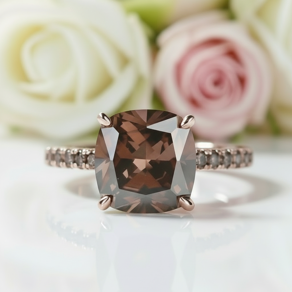 Rose Gold Cushion Cut Chocolate Stone Engagement Ring-Black Diamonds New York
