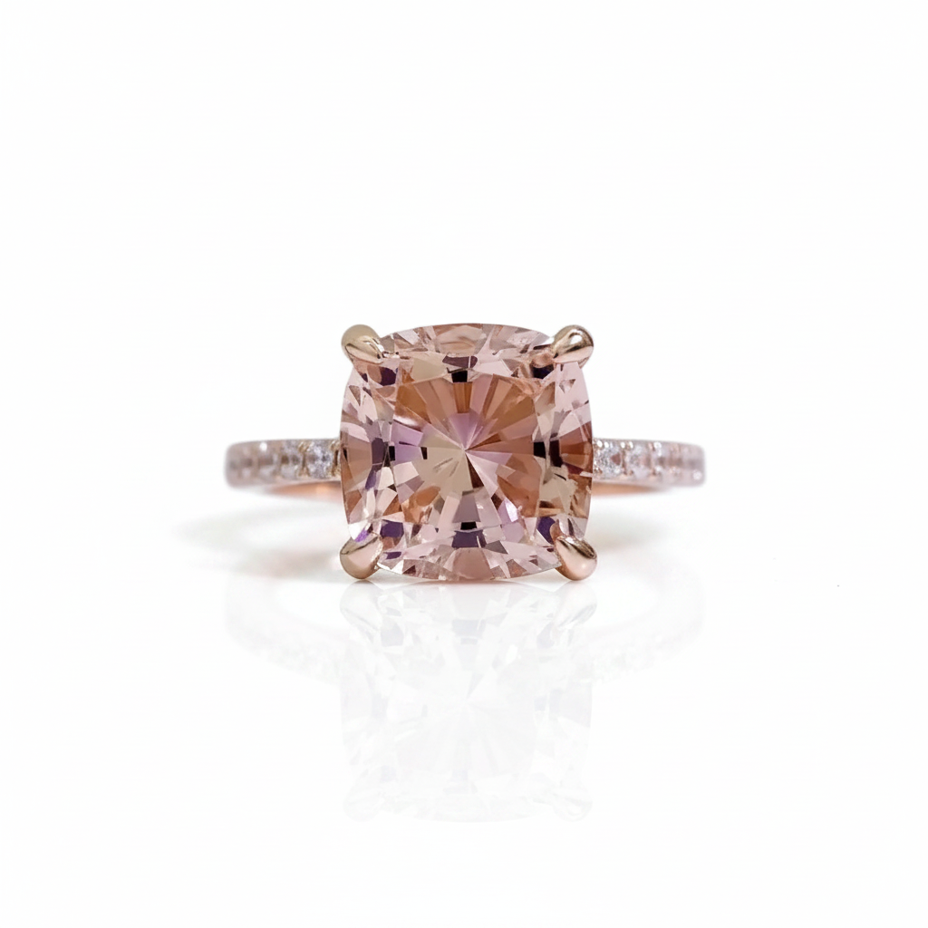 A cushion-cut pink diamond ring with a rose gold setting and a pavé band with small clear diamonds, shown on a white background with a soft reflection.