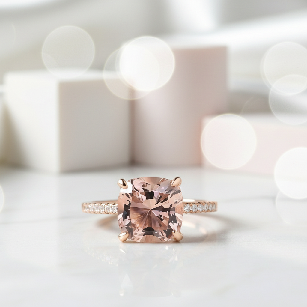 Rose Gold Cushion Cut Morganite Peachy Pink Stone Engagement Ring-Black Diamonds New York