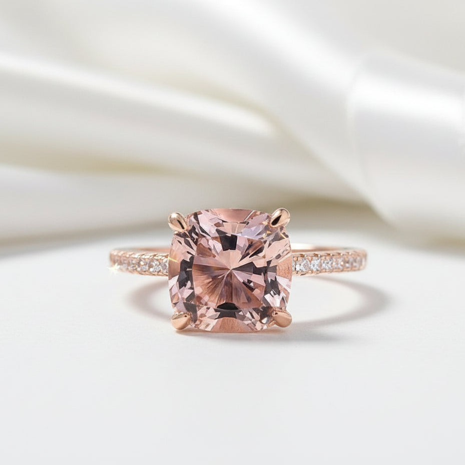 VIP 10K Rose Gold Cushion Cut Morganite Peachy Pink Stone Engagement Ring (Aftersale Service)-Black Diamonds New York