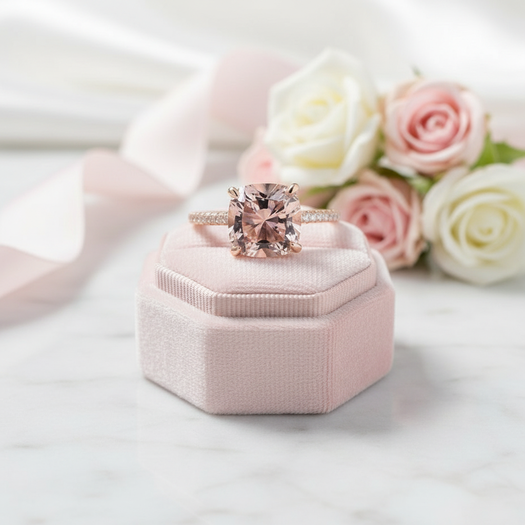 Rose Gold Cushion Cut Morganite Peachy Pink Stone Engagement Ring-Black Diamonds New York