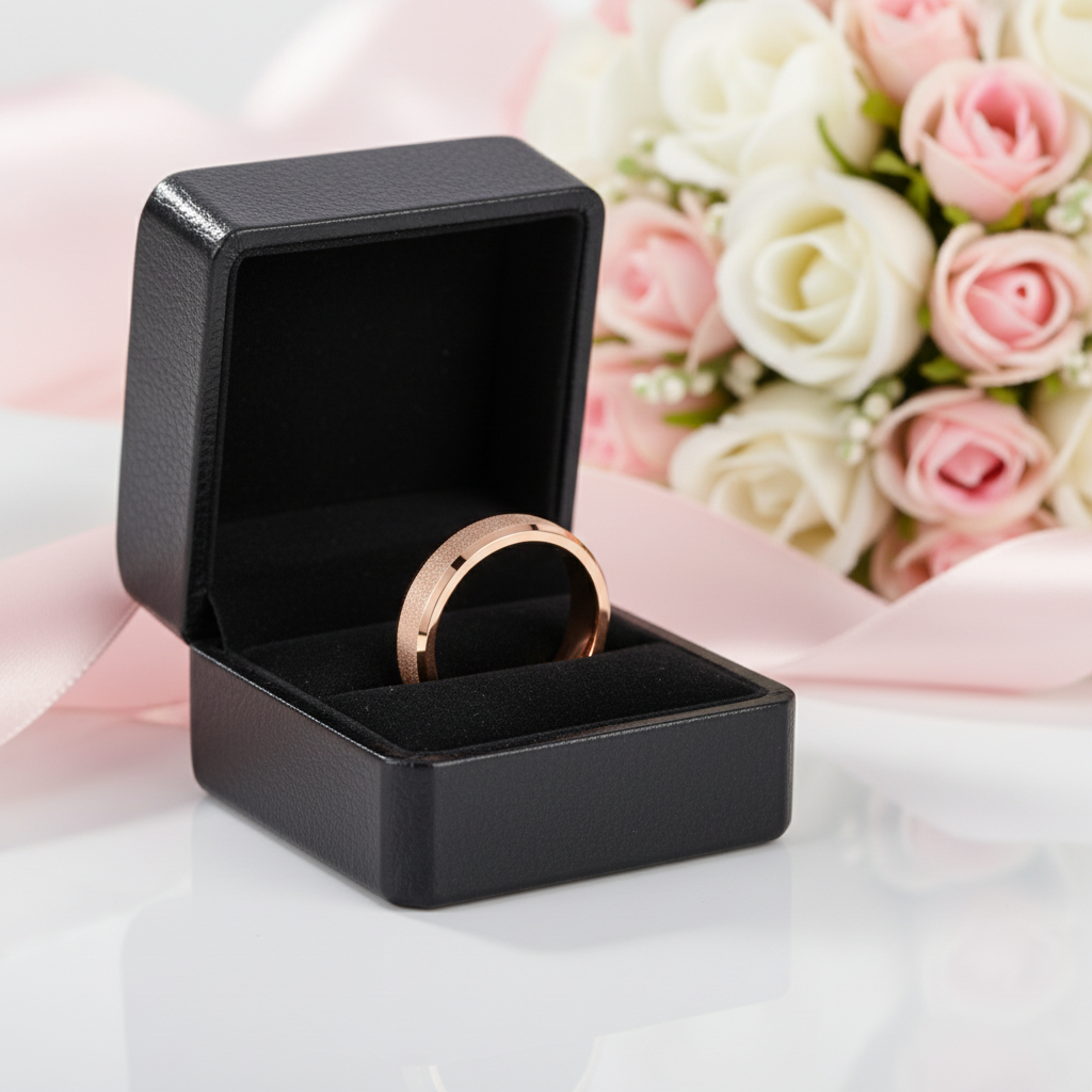 Rose Gold Frosted Men's Tungsten Carbide Wedding Band-Black Diamonds New York