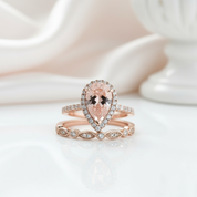 Rose Gold Halo 3.0ct Pear Cut Peachy Pink Stone Wedding Set-Black Diamonds New York