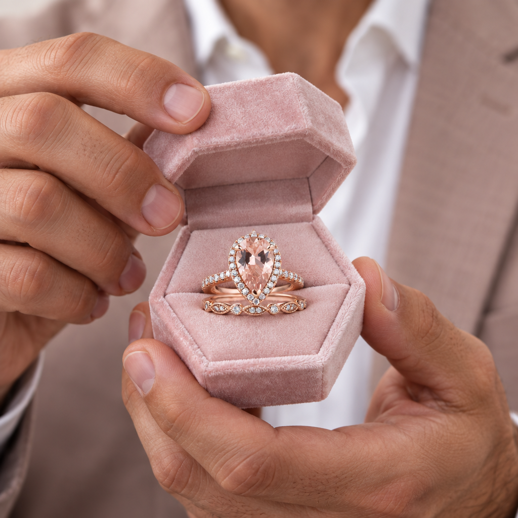 Rose Gold Halo 3.0ct Pear Cut Peachy Pink Stone Wedding Set-Black Diamonds New York