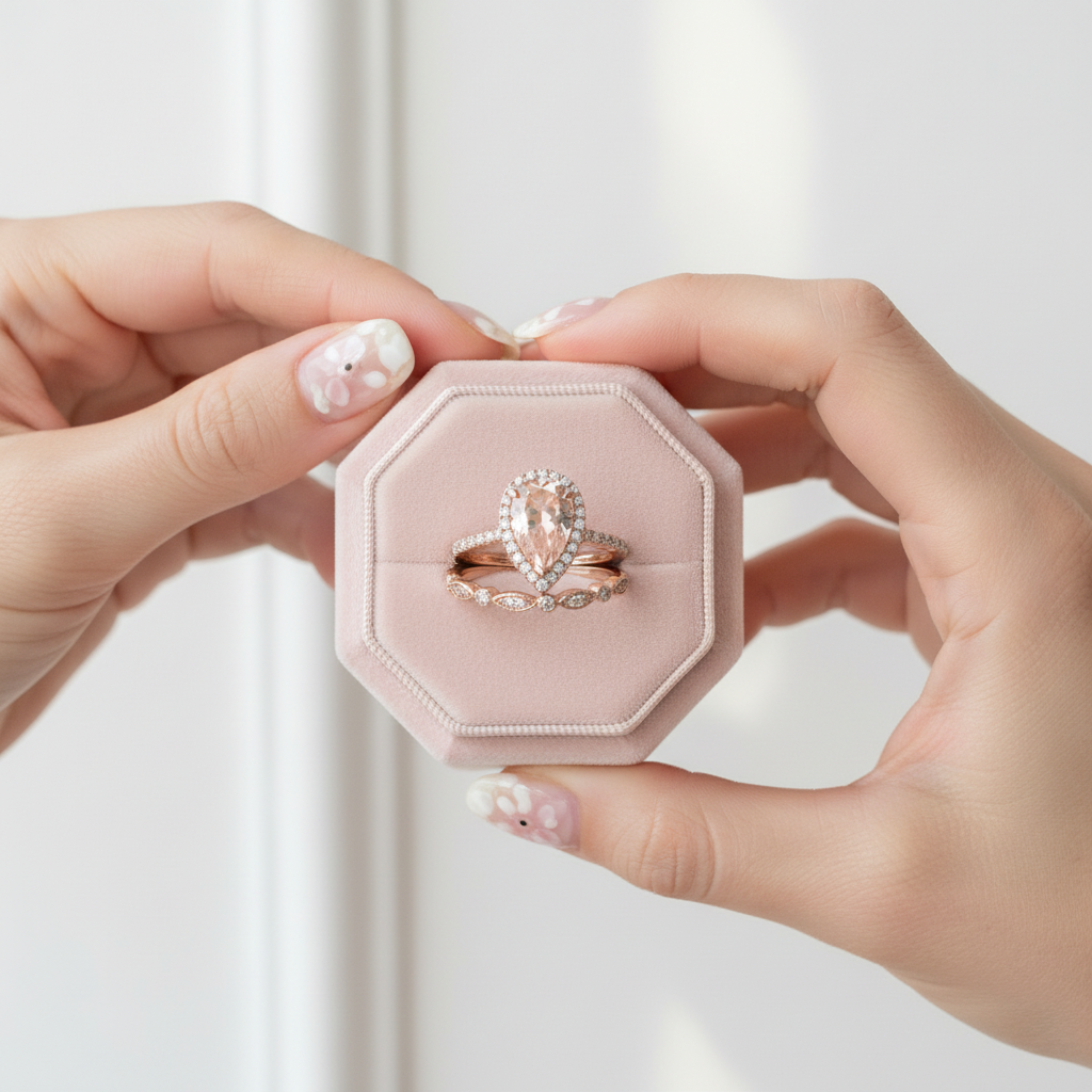 Rose Gold Halo 3.0ct Pear Cut Peachy Pink Stone Wedding Set-Black Diamonds New York