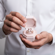 Rose Gold Halo Cushion Cut Peachy Pink Stone Wedding Ring Set-Black Diamonds New York