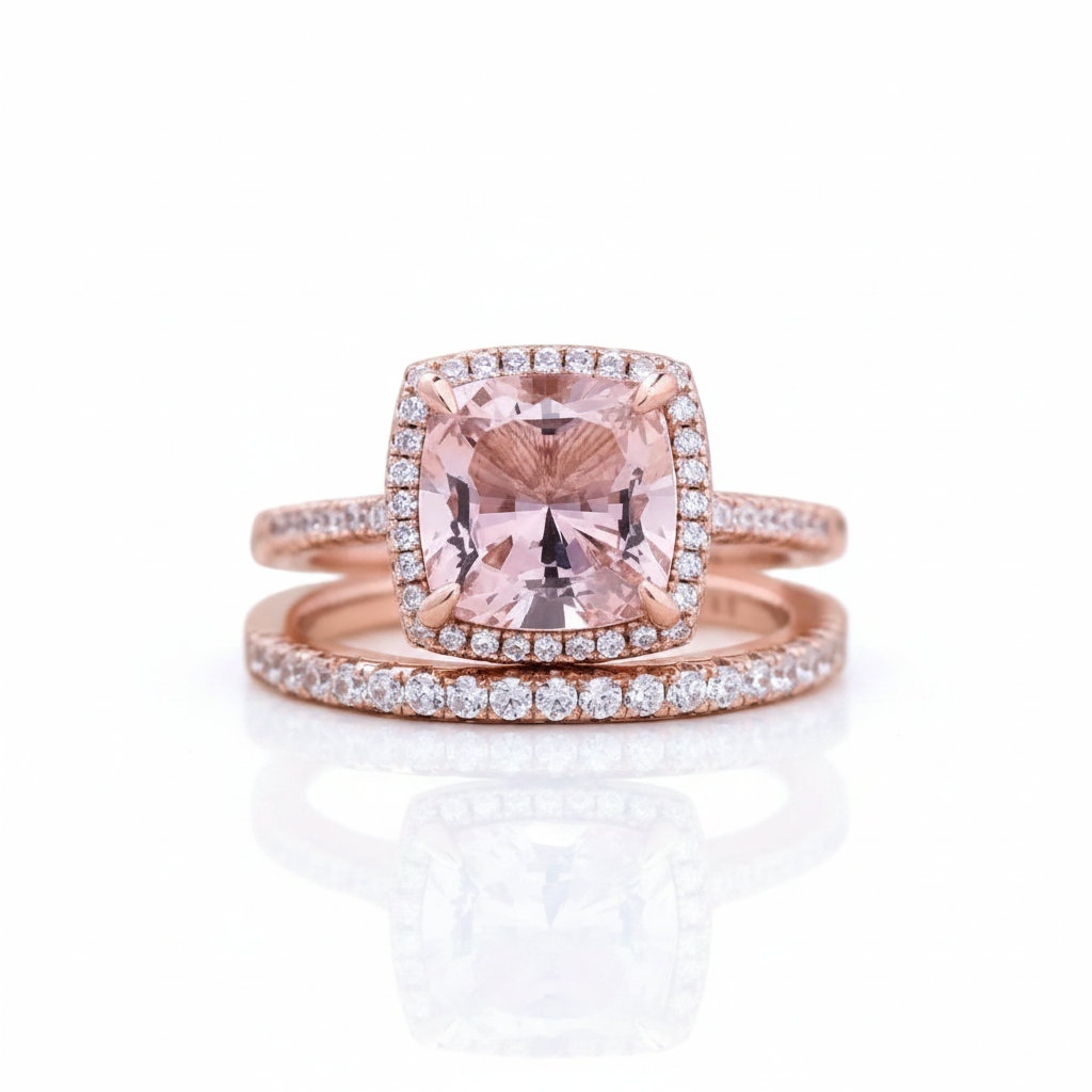 Rose gold ring set featuring a cushion-cut pink gemstone surrounded by a halo of small clear stones, with a matching rose gold band set with clear stones, on a white background with a soft reflection.