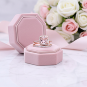 Rose Gold Halo Cushion Cut Peachy Pink Stone Wedding Ring Set-Black Diamonds New York