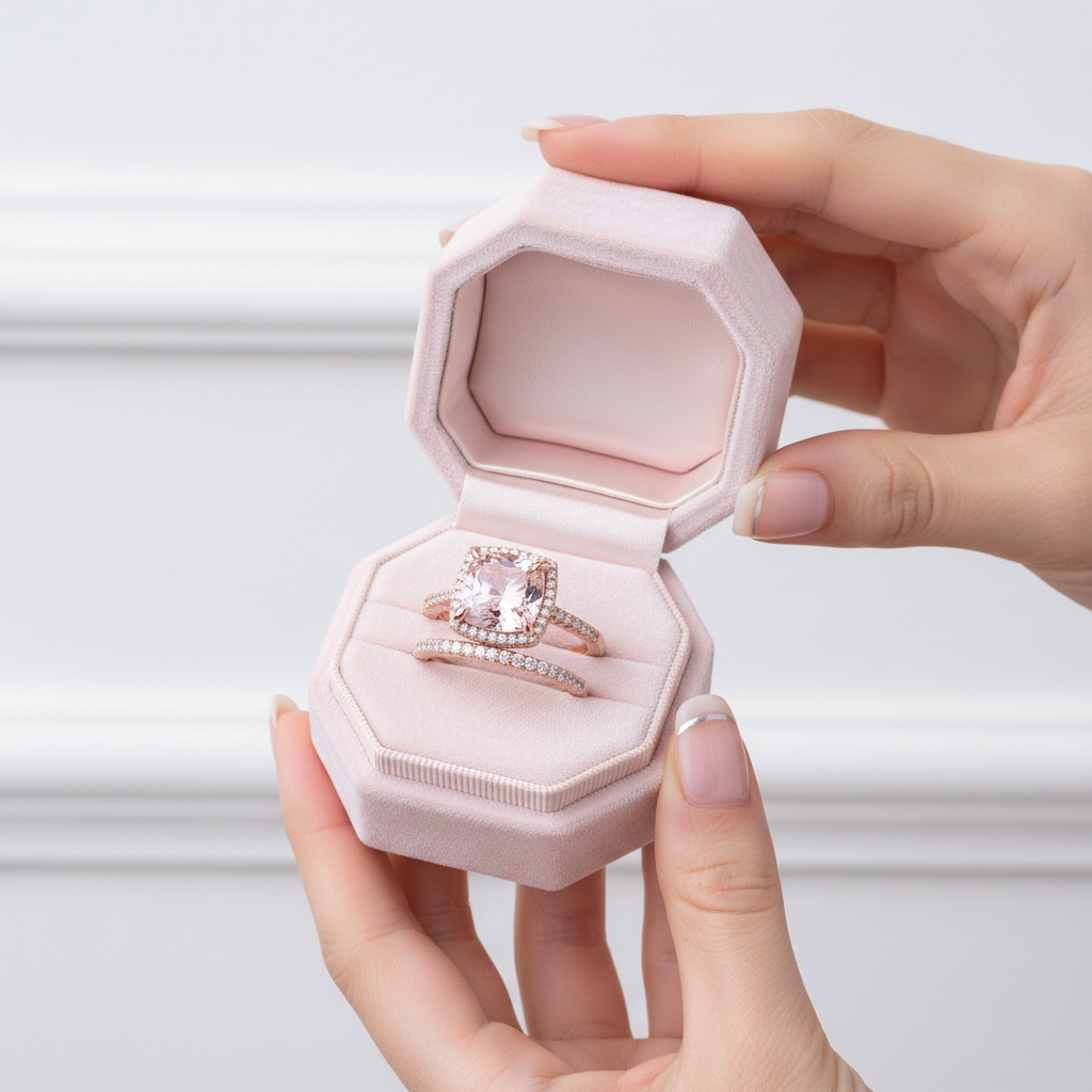 Rose Gold Halo Cushion Cut Peachy Pink Stone Wedding Ring Set-Black Diamonds New York