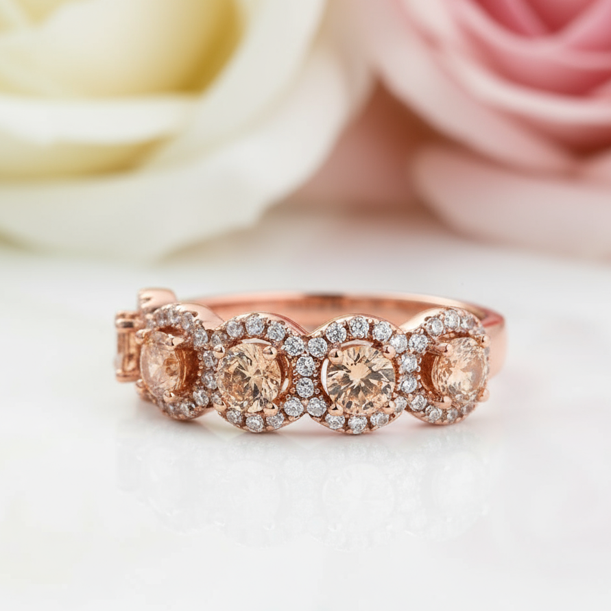 Rose Gold Halo Five Stone Champagne Stone Ring-Black Diamonds New York