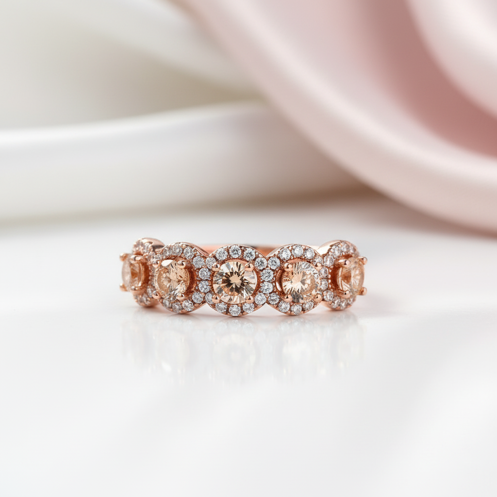 Rose Gold Halo Five Stone Champagne Stone Ring-Black Diamonds New York