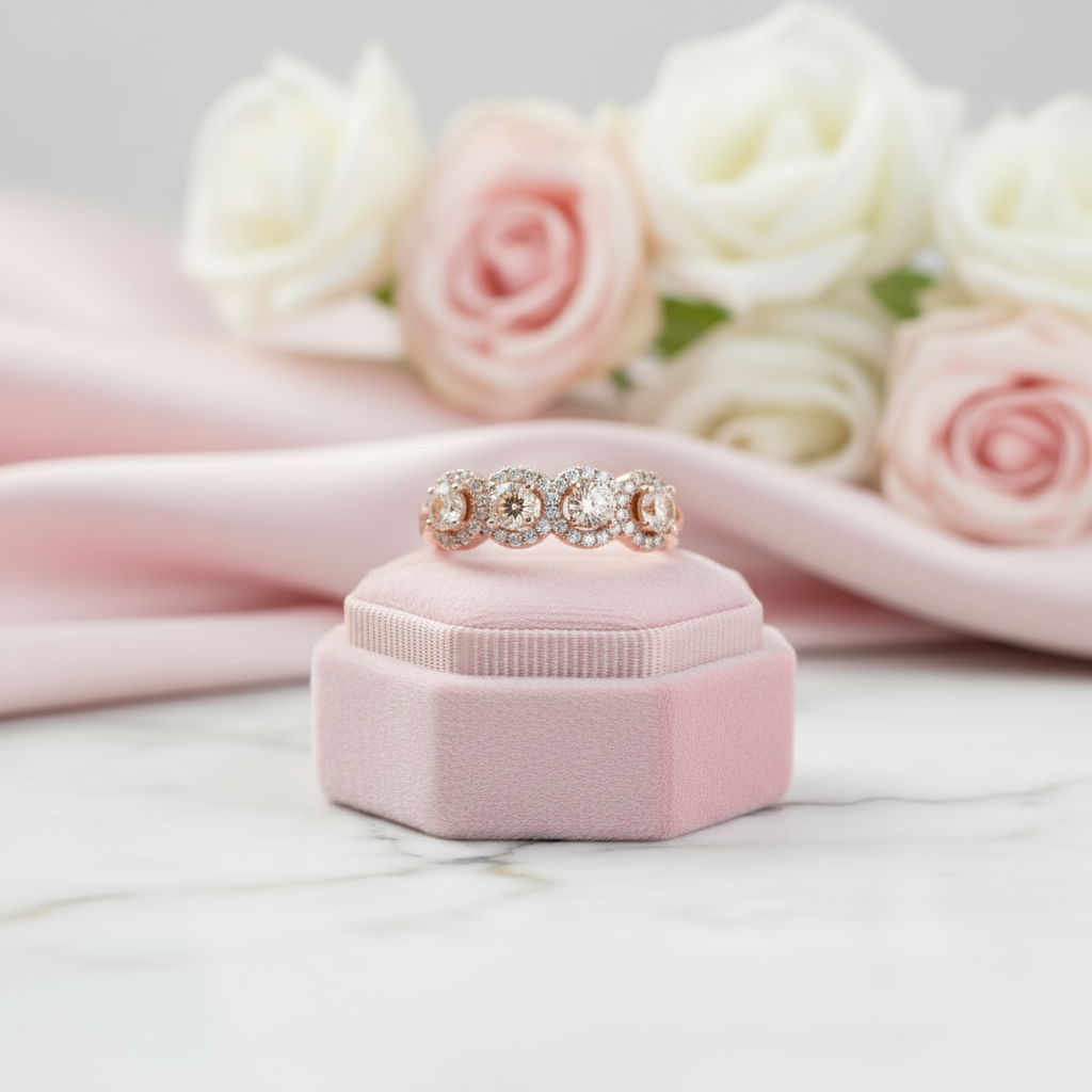 Rose Gold Halo Five Stone Champagne Stone Ring-Black Diamonds New York