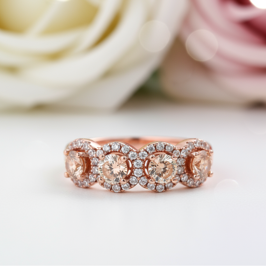 Rose Gold Halo Five Stone Champagne Stone Ring-Black Diamonds New York