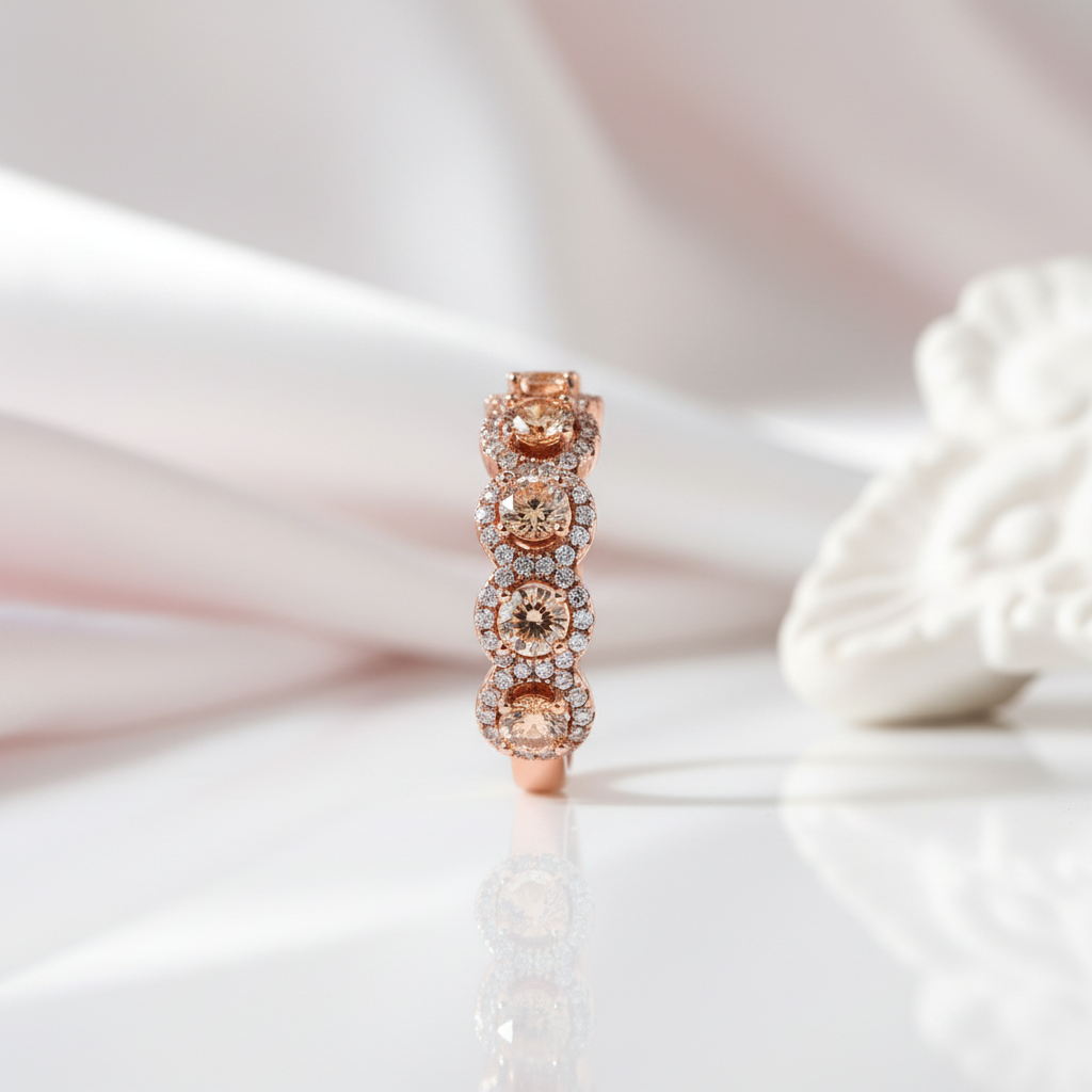 Rose Gold Halo Five Stone Champagne Stone Ring-Black Diamonds New York