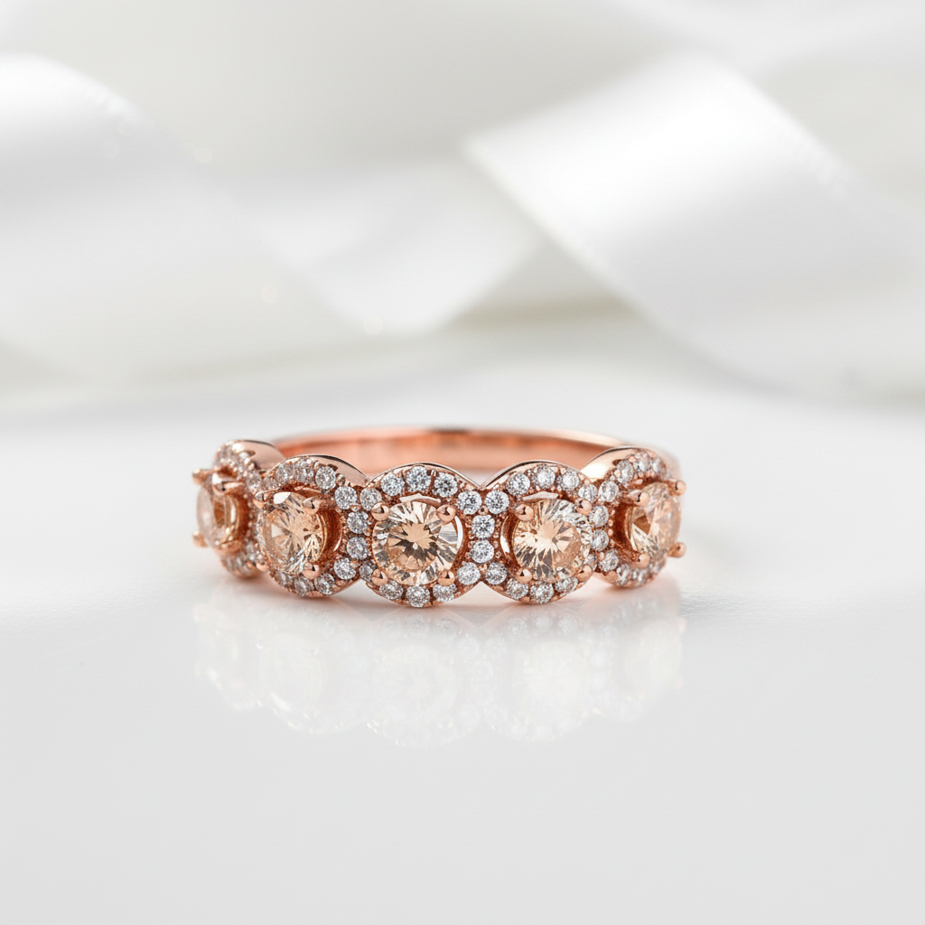 Rose Gold Halo Five Stone Champagne Stone Ring-Black Diamonds New York