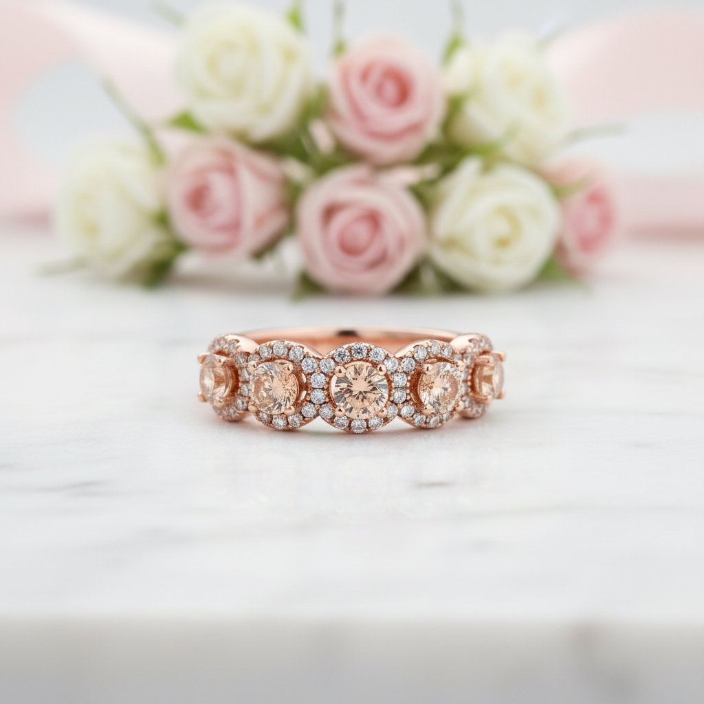 Rose Gold Halo Five Stone Champagne Stone Ring-Black Diamonds New York