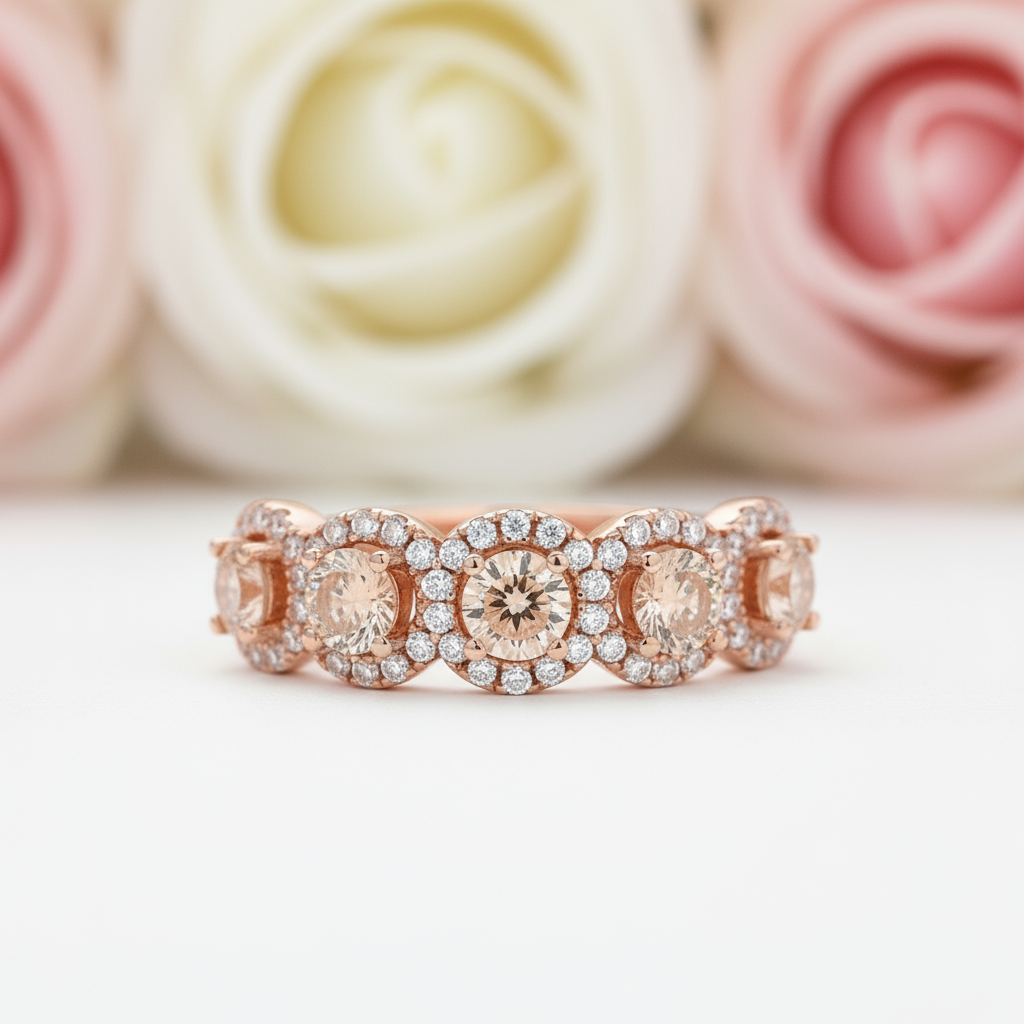 Rose Gold Halo Five Stone Champagne Stone Ring-Black Diamonds New York