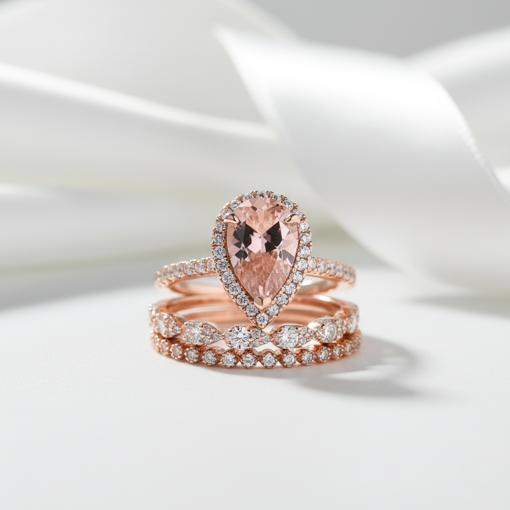Rose Gold Halo Peachy Pink Simulated Morganite Pear Cut 3pc Ring