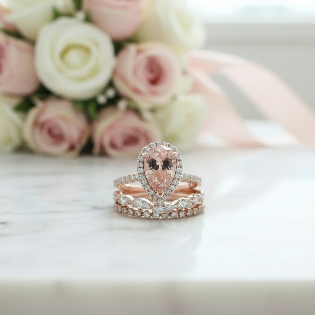Rose Gold Halo Peachy Pink Simulated Morganite Pear Cut 3pc Ring Set-Black Diamonds New York