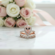 Rose Gold Halo Peachy Pink Simulated Morganite Pear Cut 3pc Ring Set-Black Diamonds New York
