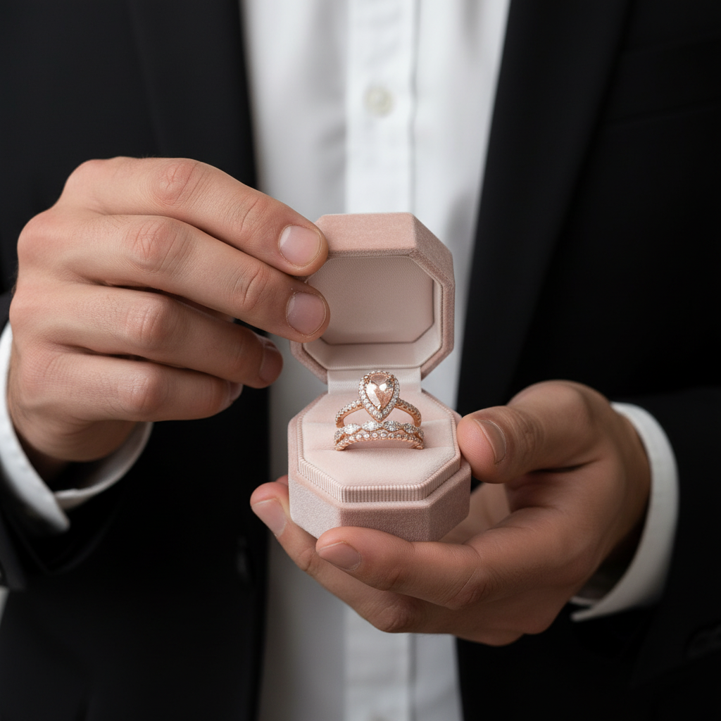 Rose Gold Halo Peachy Pink Simulated Morganite Pear Cut 3pc Ring Set-Black Diamonds New York