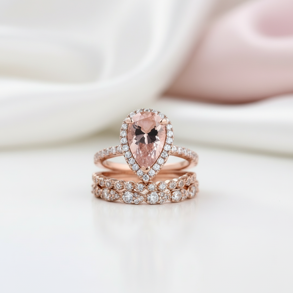 Rose Gold Halo Peachy Pink Simulated Morganite Pear Cut 3pc Ring Set-Black Diamonds New York