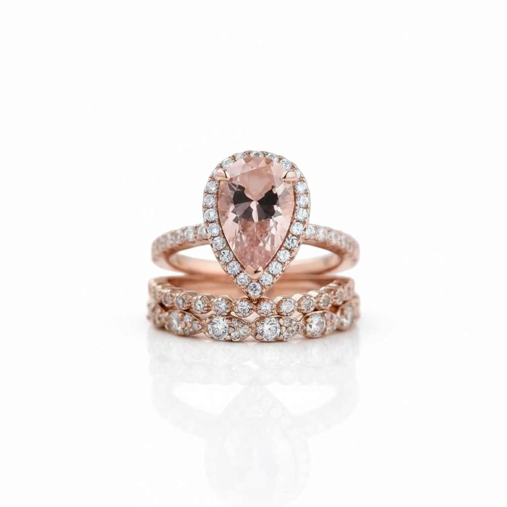A rose gold ring set featuring a pear-cut pink gemstone surrounded by a halo of small clear stones, with a matching rose gold band set with round clear stones, displayed on a clean white background with a soft reflection.