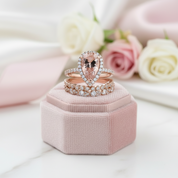 Rose Gold Halo Peachy Pink Simulated Morganite Pear Cut 3pc Ring Set-Black Diamonds New York