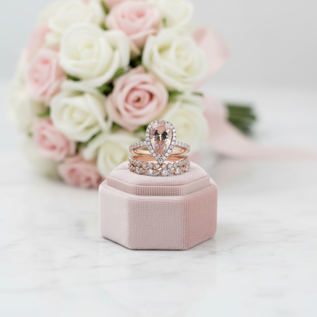 A rose gold ring set featuring a pear-cut pink gemstone and pavé diamonds, displayed on a pink velvet ring box with a blurred bouquet of pink and white roses in the background.