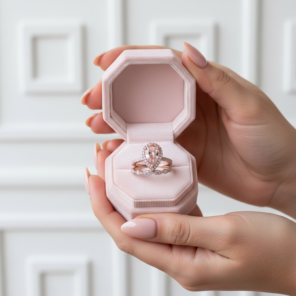 Rose Gold Halo Pear Cut Synthetic Morganite Wedding Set-Black Diamonds New York