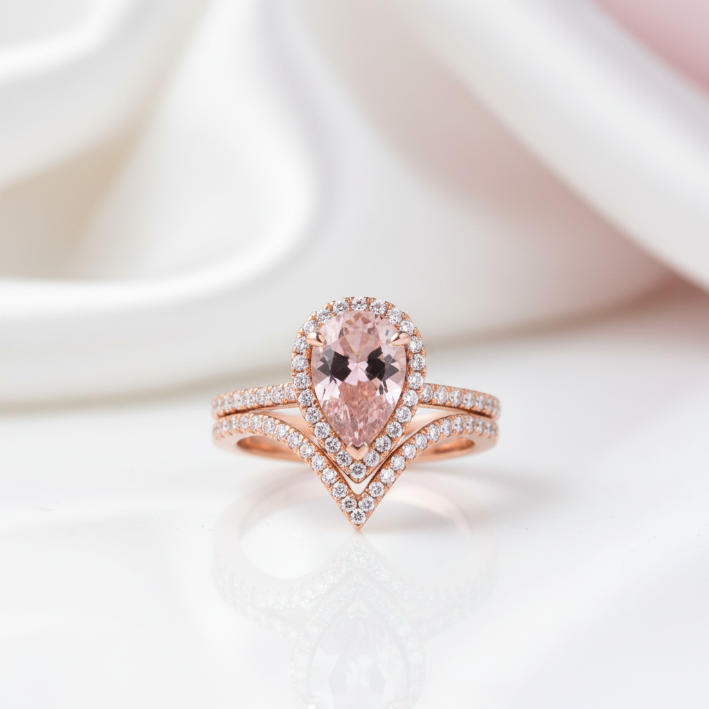 Rose Gold Halo Pear Cut Synthetic Morganite Wedding Set-Black Diamonds New York