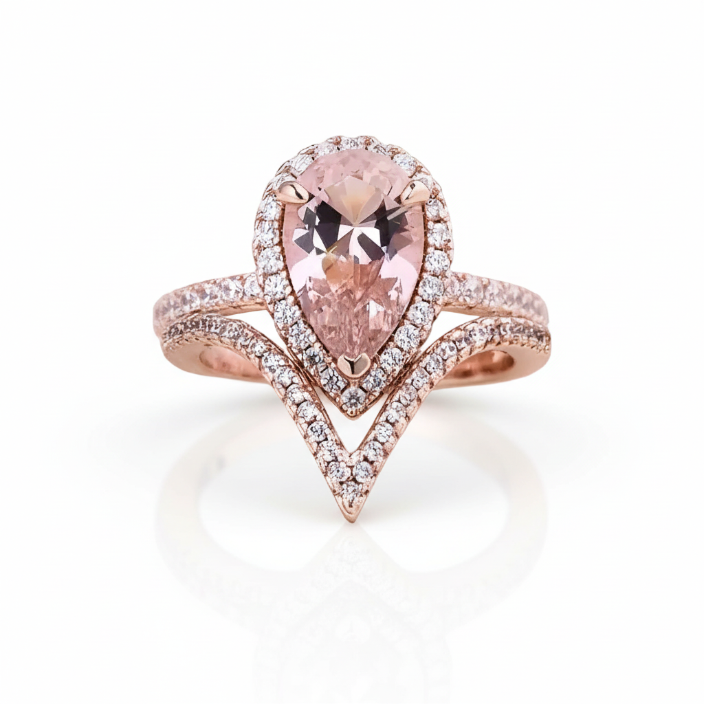 Rose Gold Halo Pear Cut Synthetic Morganite Wedding Set-Black Diamonds New York