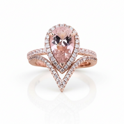 Rose Gold Halo Pear Cut Synthetic Morganite Wedding Set-Black Diamonds New York