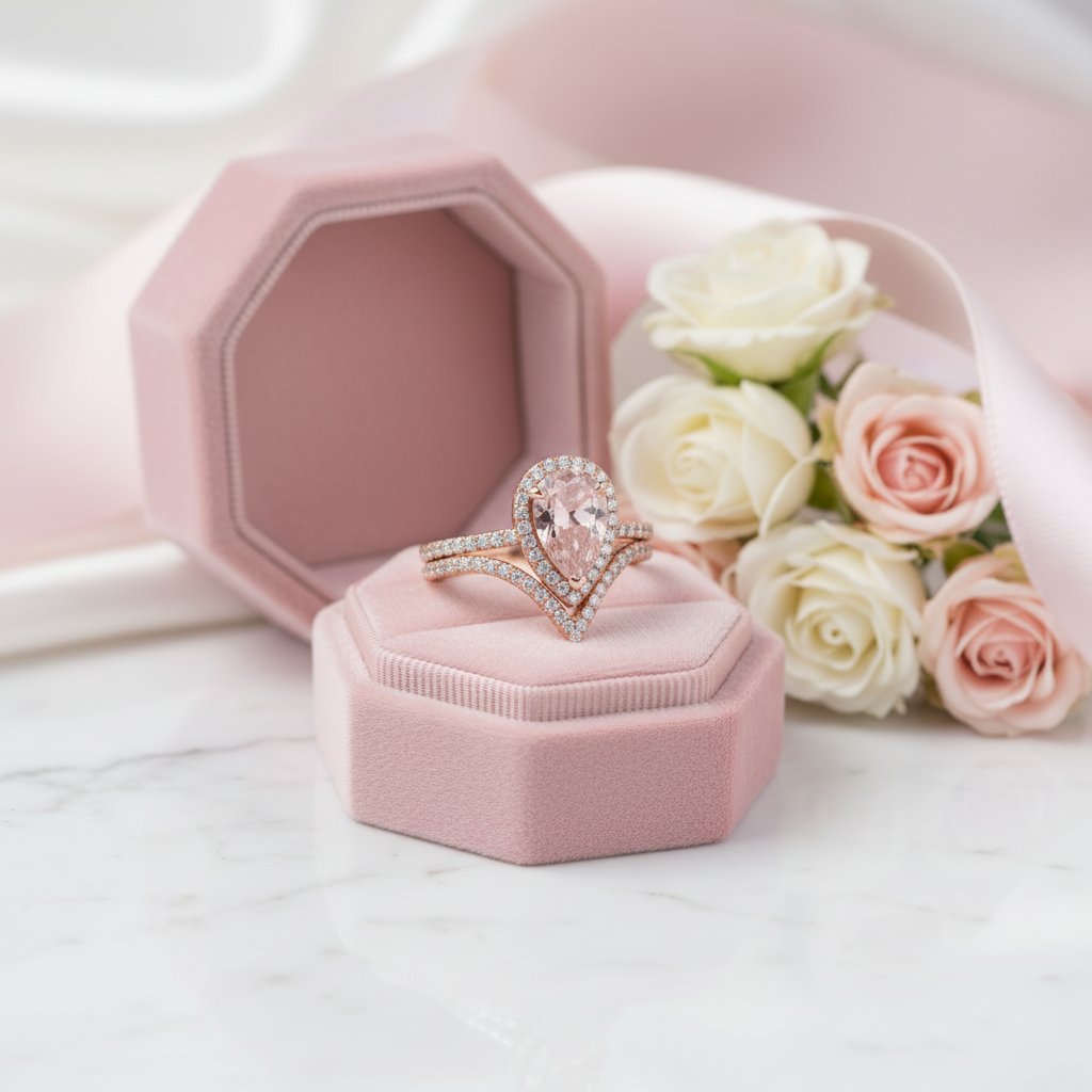 Rose Gold Halo Pear Cut Synthetic Morganite Wedding Set-Black Diamonds New York