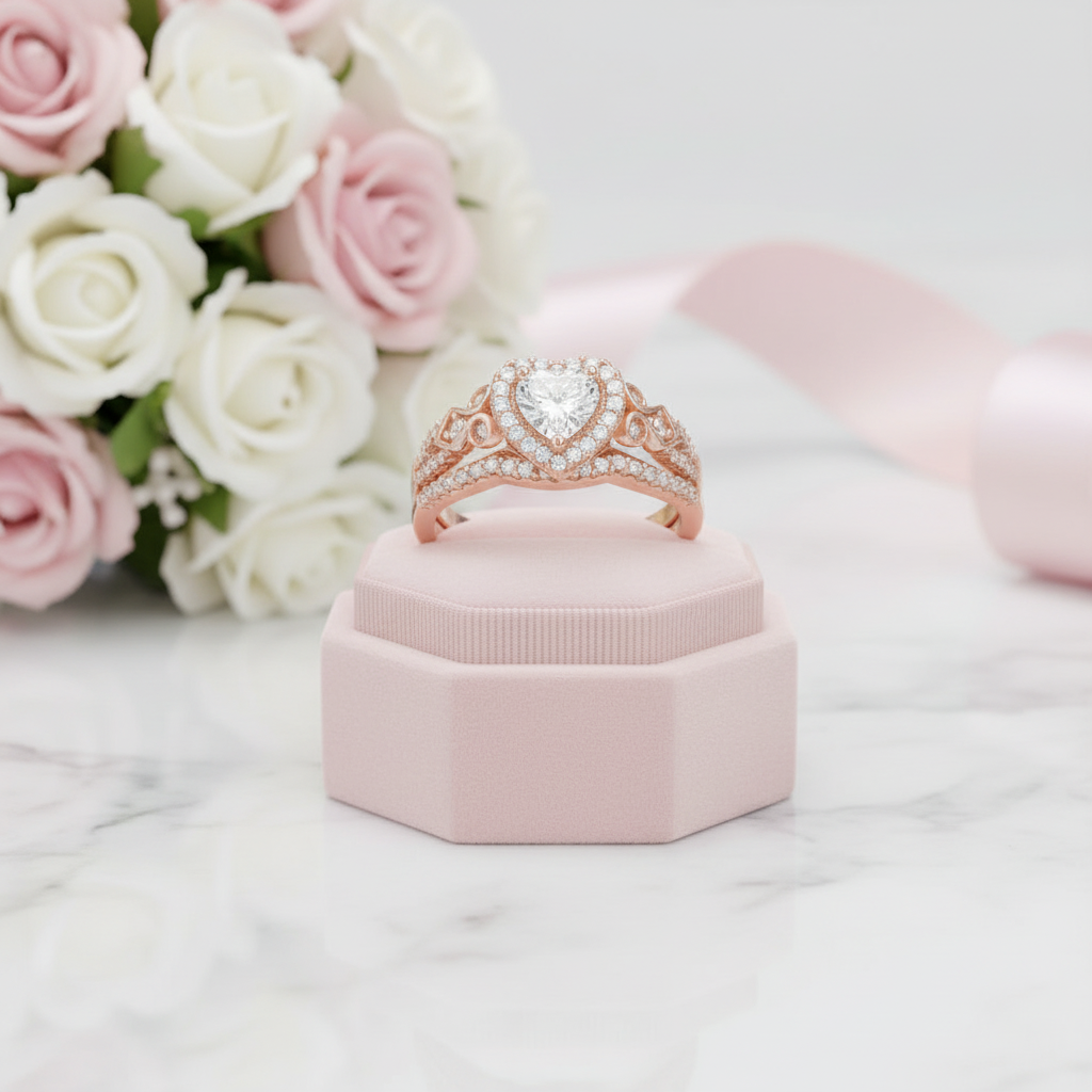 Rose Gold Heart Shape Vintage Style Diamond Option Ring Set-Black Diamonds New York