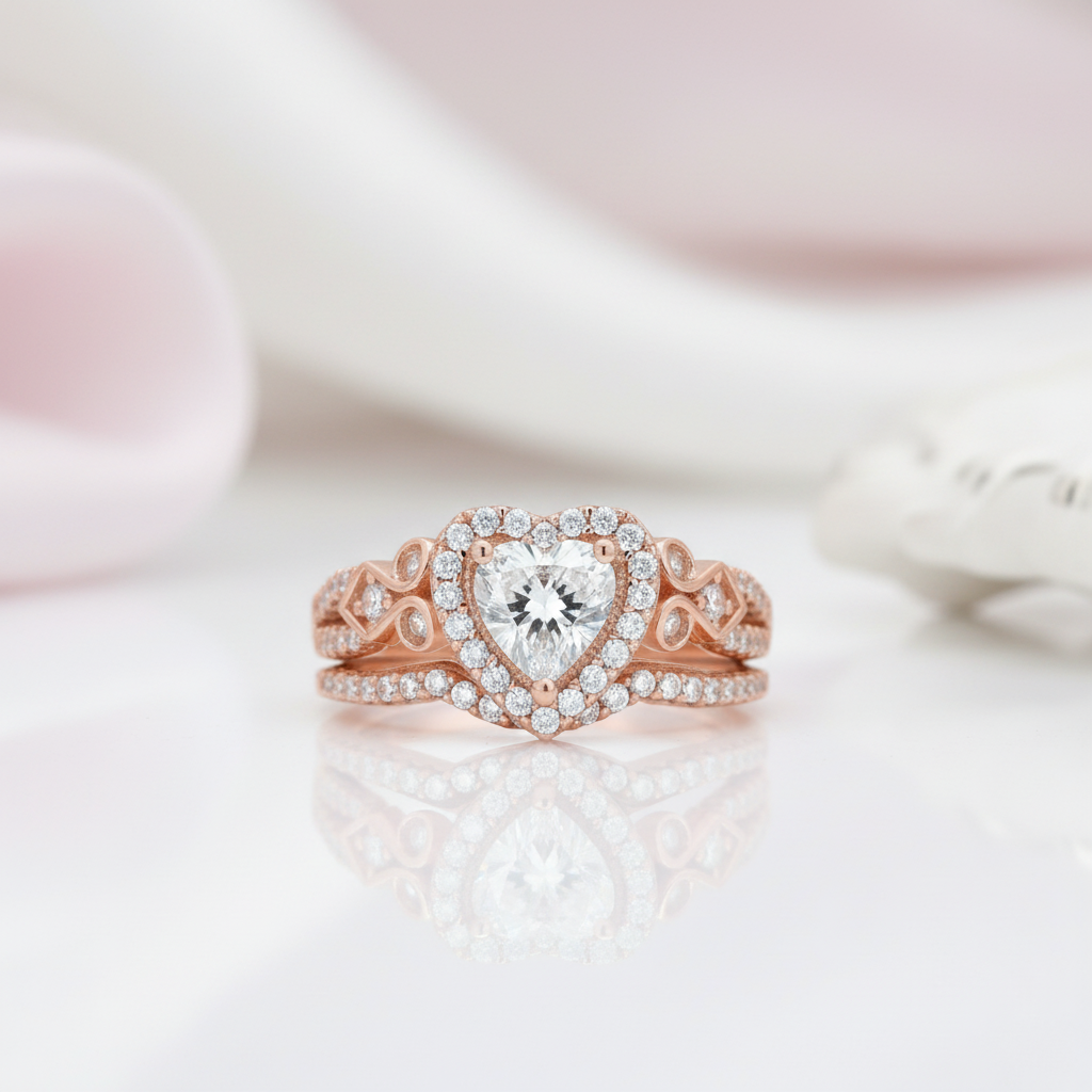 Rose Gold Heart Shape Vintage Style Diamond Option Ring Set-Black Diamonds New York