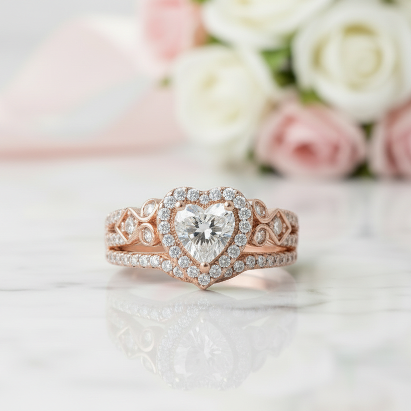 Rose Gold Heart Shape Vintage Style Diamond Option Ring Set-Black Diamonds New York