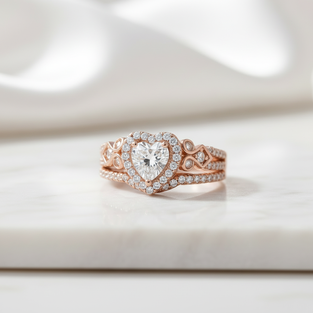 Rose Gold Heart Shape Vintage Style Diamond Ring Set-Black Diamonds New York