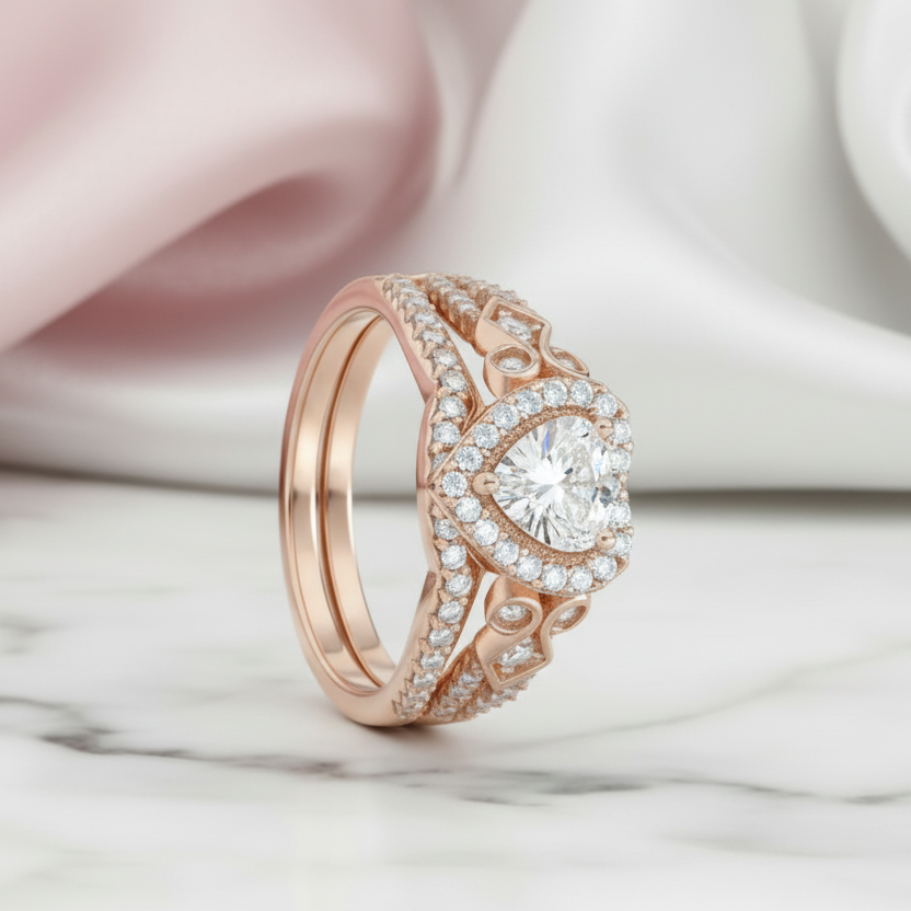 Rose Gold Heart Shape Vintage Style Diamond Option Ring Set-Black Diamonds New York