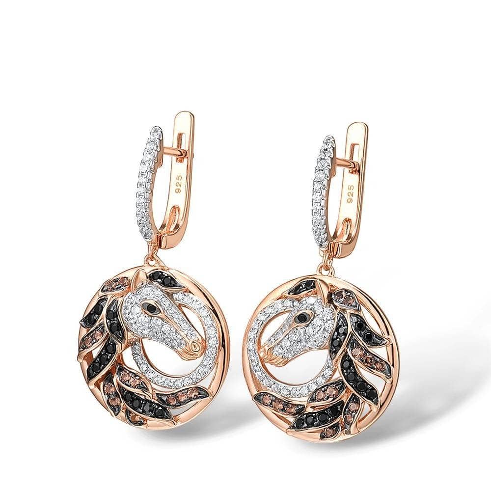 Flash Sale- Rose Gold Horse Clip Earrings And Necklace-Black Diamonds New York