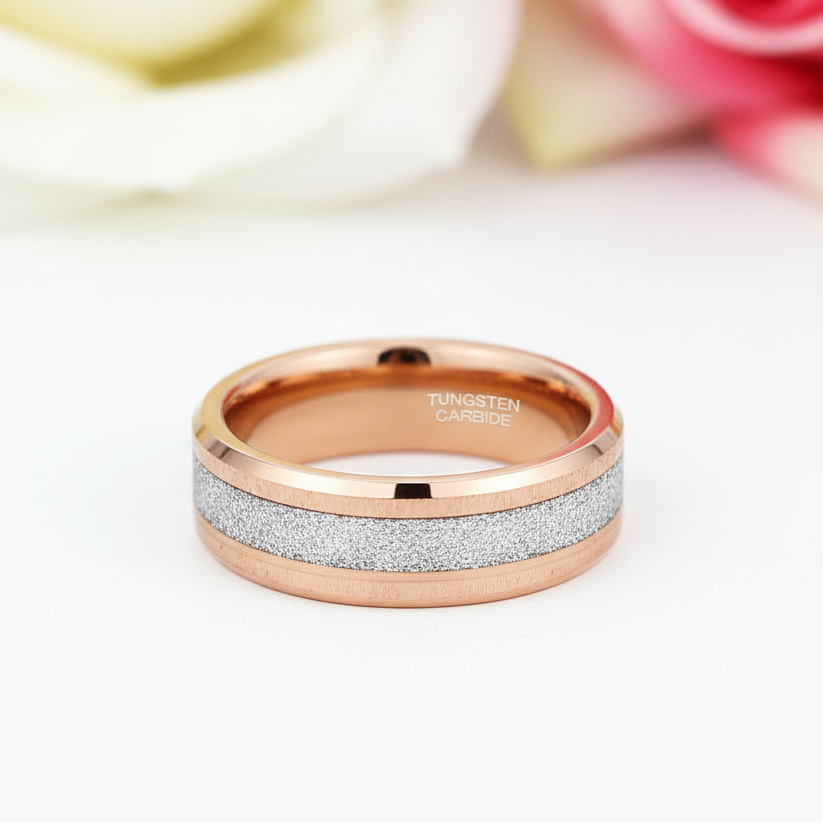 Rose Gold Matte Tungsten Men's Wedding Band-Black Diamonds New York