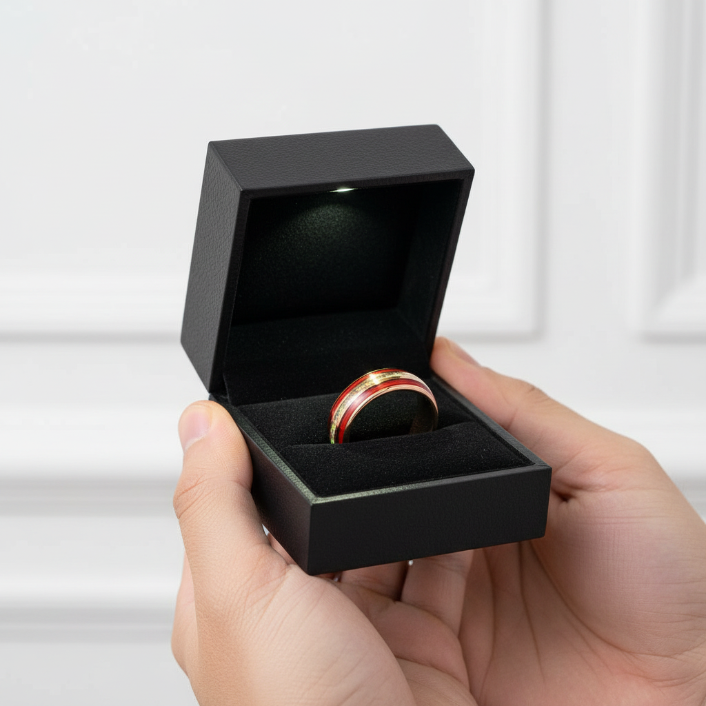 Rose Gold Men's Tungsten Wedding Band with Red Guitar String & Opal Inlay-Black Diamonds New York
