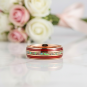 Rose Gold Men's Tungsten Wedding Band with Red Guitar String & Opal Inlay-Black Diamonds New York